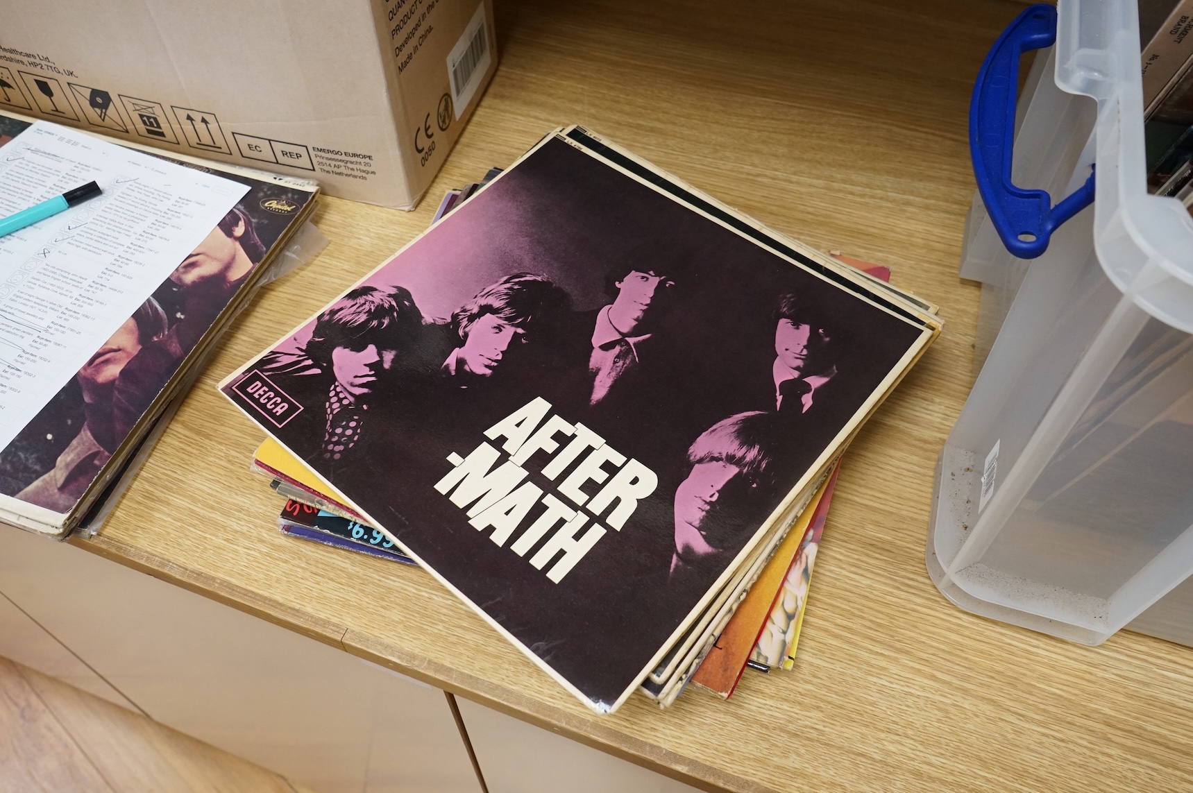 Eighteen The Rolling Stones related LP record albums, including five early pressings on Decca label; Rolling Stones, Rolling Stones No.2, Out of Our Heads, Aftermath, and Between the Buttons, together with; Exile on Main